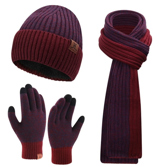 FZ FANTASTIC ZONE Men Women Winter Knit Hat Beanie Long Scarf Touchscreen Gloves Set Skull Cap Neck Warmer Gloves Set with Fleece Lined,Wine