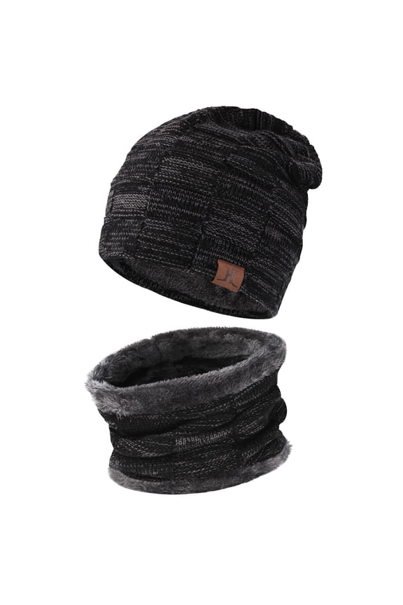 FZ FANTASTIC ZONE Mens Winter Beanie Hats Scarf Set Warm Knit Hats Neck Warmer with Thick Fleece Lined Womens,Black