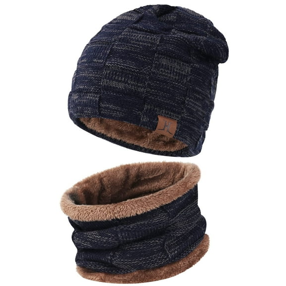 FZ FANTASTIC ZONE Mens Winter Beanie Hats Scarf Set Warm Knit Hats Neck Warmer with Thick Fleece Lined Womens,Blue