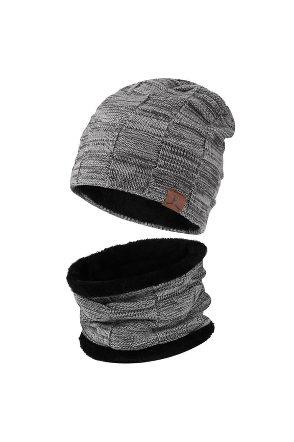 FZ FANTASTIC ZONE Mens Winter Beanie Hats Scarf Set Warm Knit Hats Neck Warmer with Thick Fleece Lined Womens,Gray