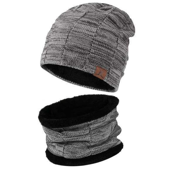 FZ FANTASTIC ZONE Mens Winter Beanie Hats Scarf Set Warm Knit Hats Neck Warmer with Thick Fleece Lined Womens,Gray