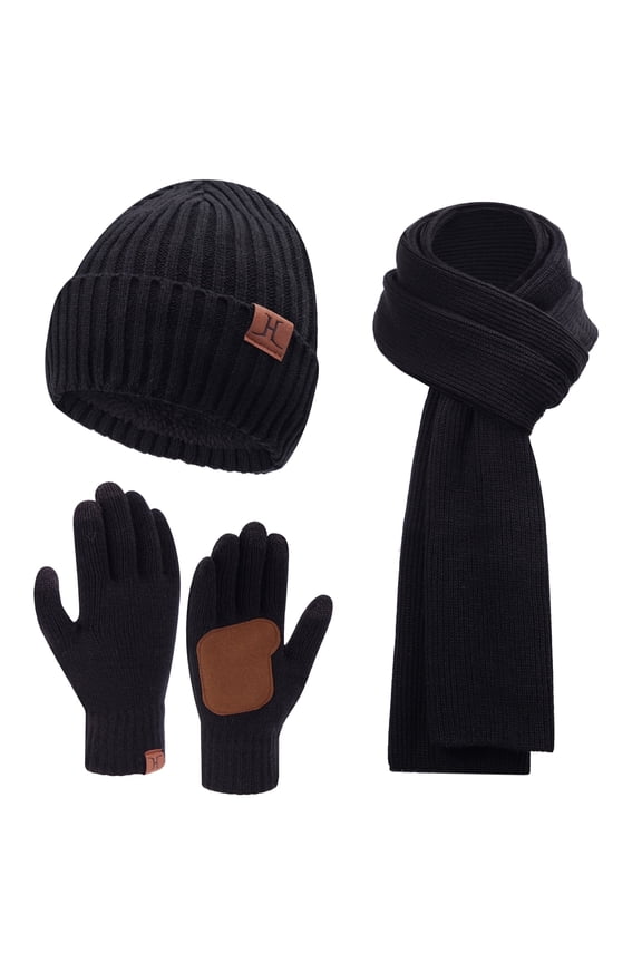 FZ FANTASTIC ZONE Men Women Winter Knit Hat Beanie Long Scarf Set Touchscreen Gloves Neck with Fleece Lined,Black