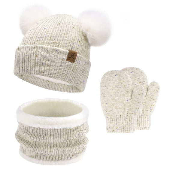 FZ FANTASTIC ZONE Toddler Infants Kids Winter Hats Gloves Scarfs Set Pompom Beanie Caps Mittens Neck Warmer with Fleece for 0 6 12 18 Months 1 2 3 4 Years Old Baby Girls Boys Gifts, Beige