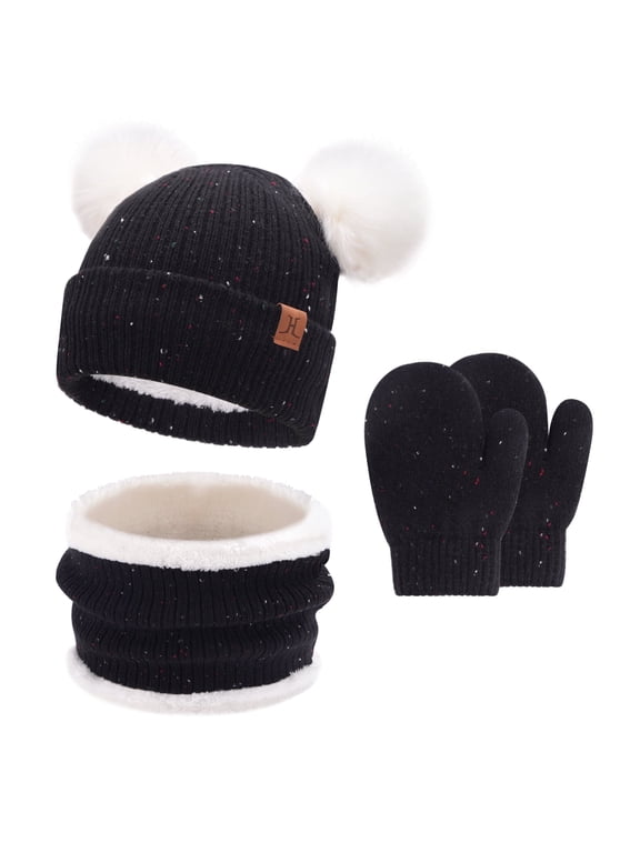 FZ FANTASTIC ZONE Toddler Kids Winter Hats Gloves Scarfs Beanie Mittens Neck Warmer for 0 6 12 Months 1 2 3 4 Year Old Baby Girls Boys Gifts, Black