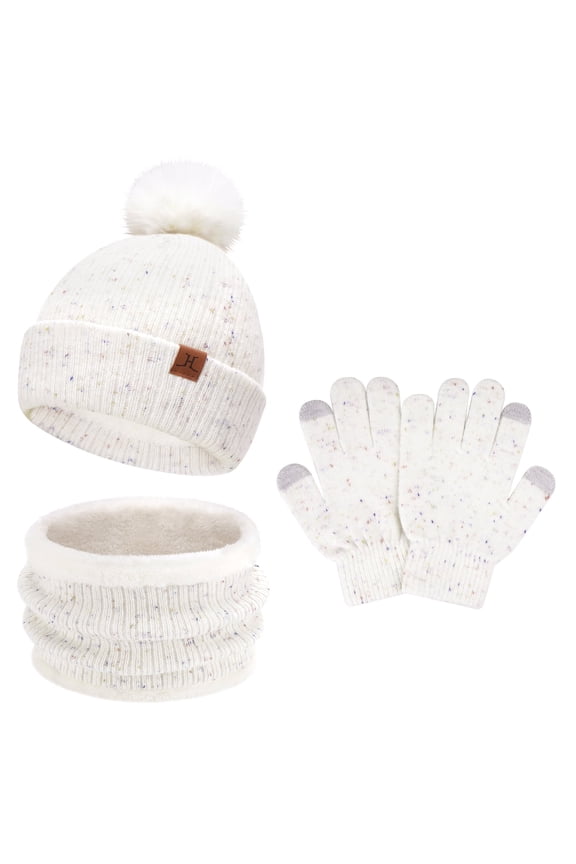 FZ FANTASTIC ZONE Toddler Kids Winter Hats Touchscreen Gloves Scarfs Set Pompom Beanie Caps Neck Warmer with Fleece for 5-8 Years Old Baby Girls Boys Gifts, Creamwhite