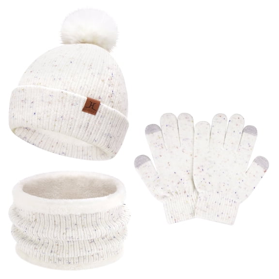 FZ FANTASTIC ZONE Toddler Kids Winter Hats Touchscreen Gloves Scarfs Set Pompom Beanie Caps Neck Warmer with Fleece for 5-8 Years Old Baby Girls Boys Gifts, Creamwhite