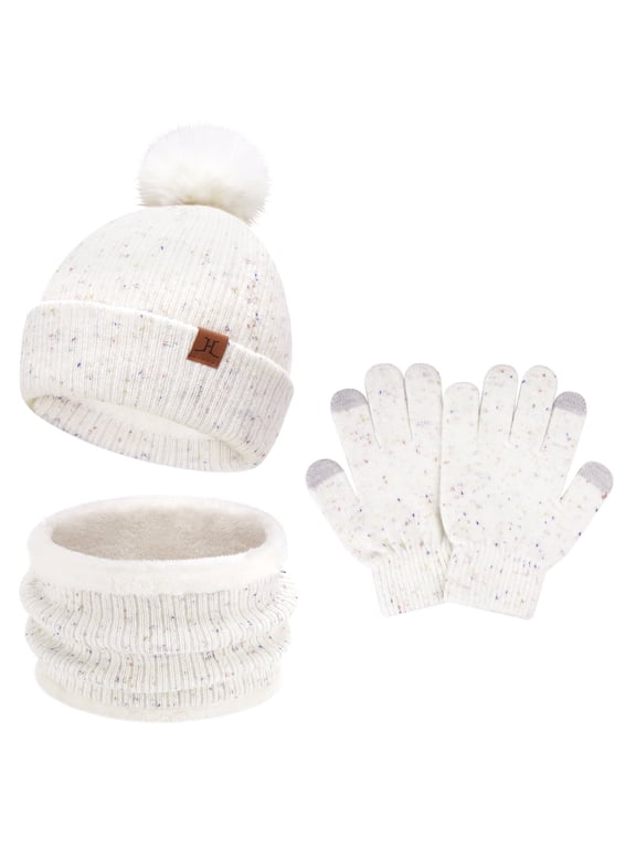 FZ FANTASTIC ZONE Toddler Kids Winter Hats Touchscreen Gloves Scarfs Set Pompom Beanie Caps Neck Warmer with Fleece for 5-8 Years Old Baby Girls Boys Gifts, Creamwhite