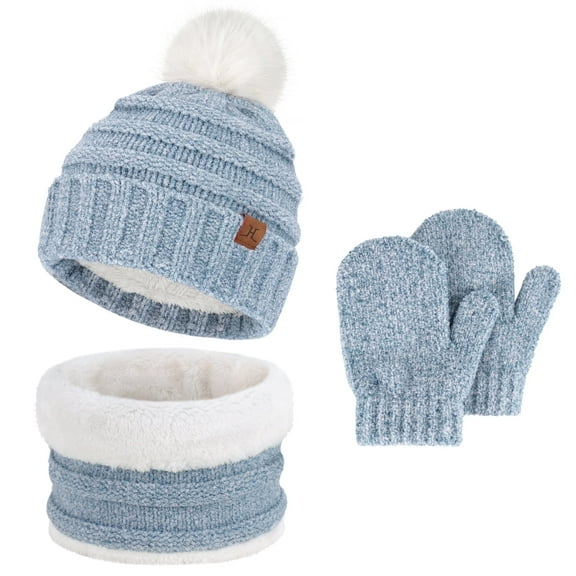 FZ FANTASTIC ZONE Toddler Kids Winter Warm Knit Beanie Hat Neck Warmer Scarf and Gloves Set with Pom Fleece Lined Gifts for 0-5 Years Old Girls Boys