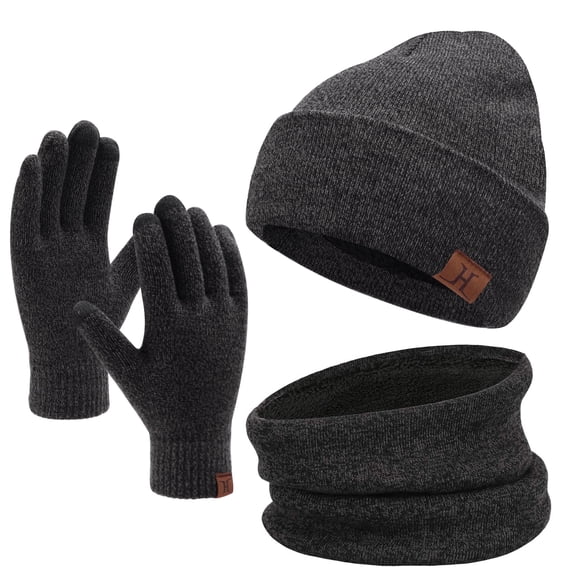 FZ FANTASTIC ZONE Unisex Warm Knit Fleece Hat, Scarf & Glove Set, Dark Grey, 3-Piece