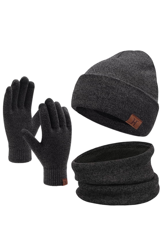 FZ FANTASTIC ZONE Unisex Warm Knit Fleece Hat, Scarf & Glove Set, Dark Grey, 3-Piece