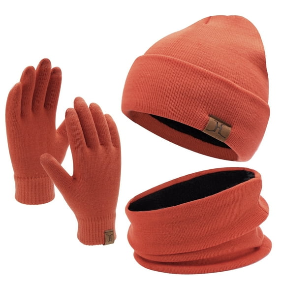 FZ FANTASTIC ZONE Winter Beanie Hat Scarf Touchscreen Gloves Set for Men and Women, Beanie Gloves Neck Warmer Set with Warm Knit Fleece Lined, Orange