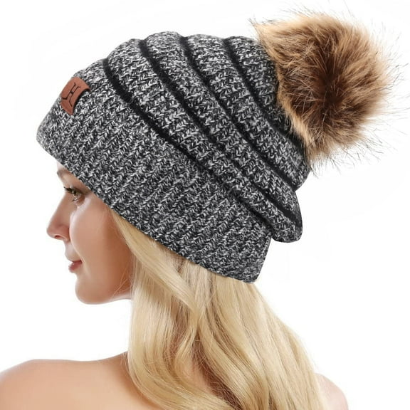 FZ FANTASTIC ZONE Winter Knit Beanie Hat Thick Faux Fleece Lined with Detachable Fur Pom Warm Slouchy Cap for Women, Blackwhite