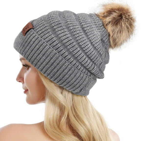 FZ FANTASTIC ZONE Winter Knit Beanie Hat Thick Faux Fleece Lined with Detachable Fur Pom Warm Slouchy Cap for Women, Grey