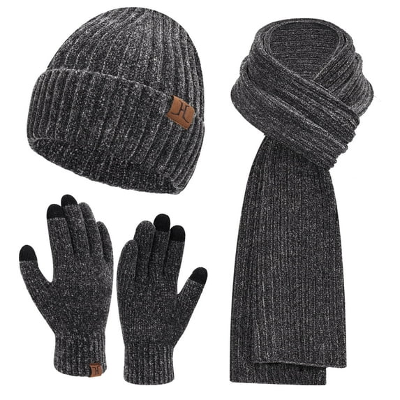 FZ FANTASTIC ZONE Woman Men Winter Warm Hat Beanie Long Scarves Touch Screen Gloves Knit Set,Darkgrey
