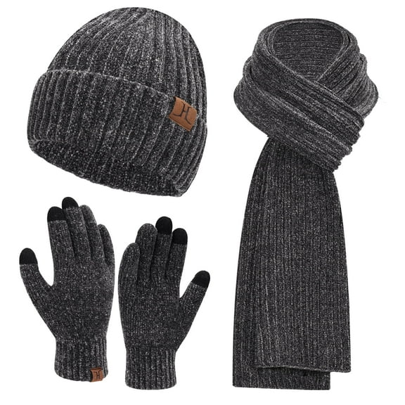 FZ FANTASTIC ZONE Woman Men Winter Warm Hat Beanie Long Scarves Touch Screen Gloves Knit Set,Darkgrey