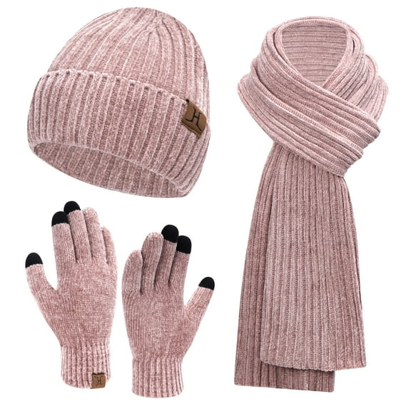 FZ FANTASTIC ZONE Woman Men Winter Warm Hat Beanie Long Scarves Touch Screen Gloves Knit Set,Pink
