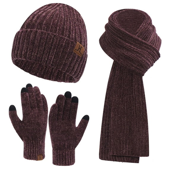 FZ FANTASTIC ZONE Woman Men Winter Warm Hat Beanie Long Scarves Touch Screen Gloves Knit Set, Winered