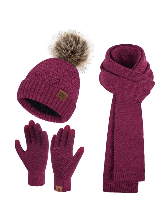 FZ FANTASTIC ZONE Womens Winter Beanie Hats Long Scarf Neck Touchscreen Gloves Set Knitted Pompom Cap with Thermal Fleece Lined