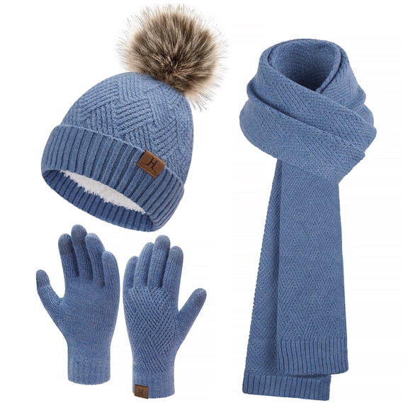 FZ FANTASTIC ZONE Womens Winter Beanie Hats Long Scarf Neck Touchscreen Gloves Set Knitted Pompom Cap with Thermal Fleece Lined