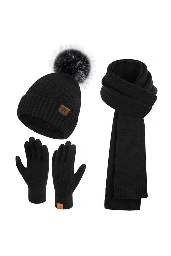 FZ FANTASTIC ZONE Womens Winter Beanie Hats Long Scarf Neck Touchscreen Gloves Set Knitted Pompom Cap with Thermal Fleece Lined