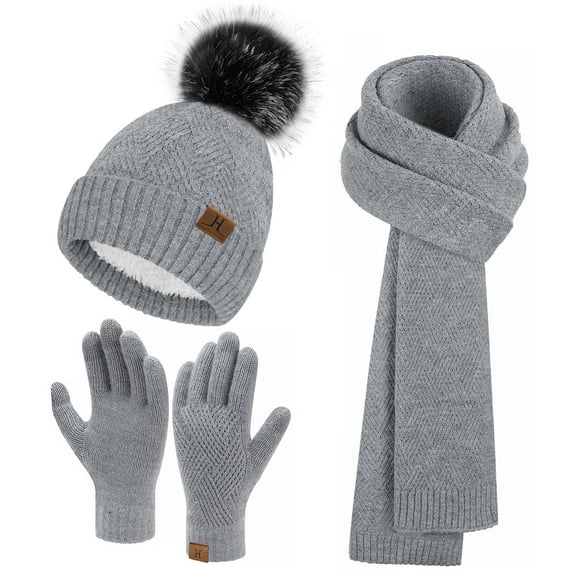 FZ FANTASTIC ZONE Womens Winter Beanie Hats Long Scarf Neck Touchscreen Gloves Set Knitted Pompom Cap with Thermal Fleece Lined