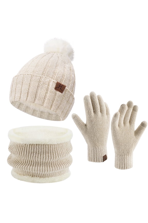 FZ FANTASTIC ZONE Womens Winter Beanie Hats Scarf Neck Warmer Touchscreen Gloves Set Warm Fleece Lined Chenille Knit Skull Caps Beige