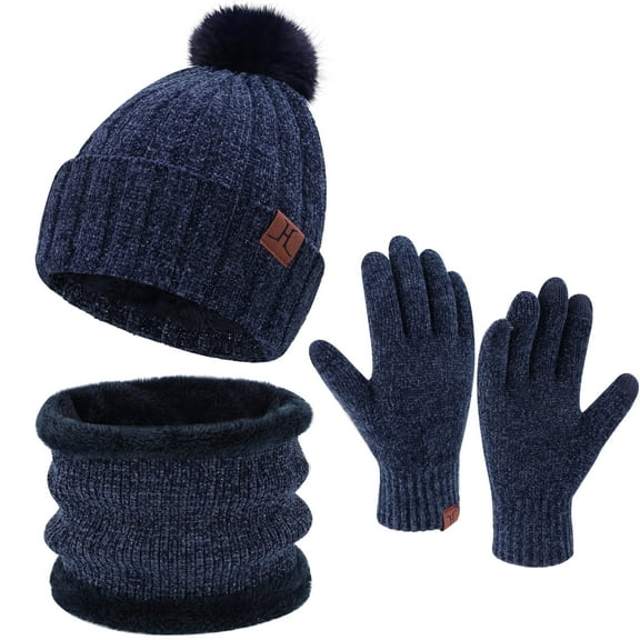 FZ FANTASTIC ZONE Womens Winter Beanie Hats Scarf Neck Warmer Touchscreen Gloves Set Warm Fleece Lined Chenille Knit Skull Caps Navyblue