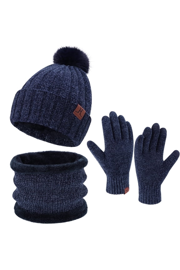 FZ FANTASTIC ZONE Womens Winter Beanie Hats Scarf Neck Warmer Touchscreen Gloves Set Warm Fleece Lined Chenille Knit Skull Caps Navyblue