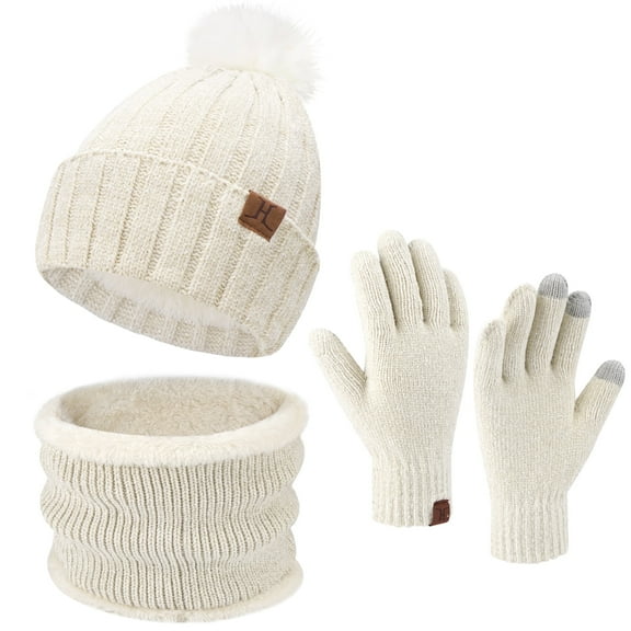 FZ FANTASTIC ZONE Womens Winter Beanie Hats Scarf Neck Warmer Touchscreen Gloves Set Warm Fleece Lined Chenille Knit Skull Caps White