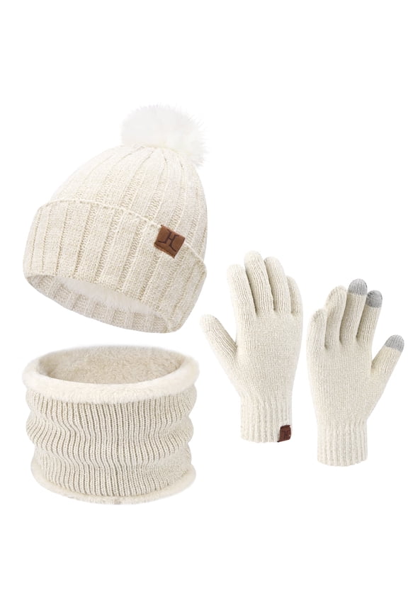 FZ FANTASTIC ZONE Womens Winter Beanie Hats Scarf Neck Warmer Touchscreen Gloves Set Warm Fleece Lined Chenille Knit Skull Caps White