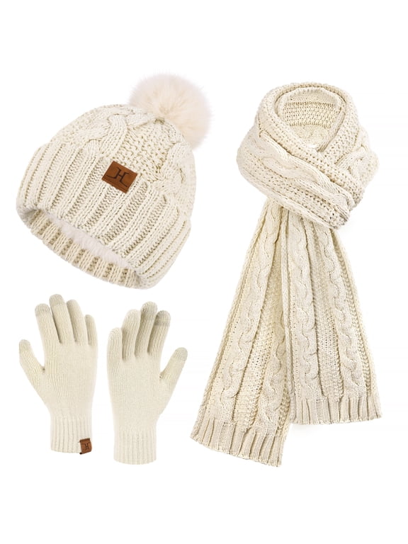 FZ FANTASTIC ZONE Womens Winter Beanie Hats Scarf Touchscreen Gloves Set Chenille Knit Fleece Lined Beanies Pompom Hat Scarves Gifts for Women