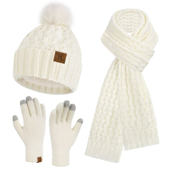 FZ FANTASTIC ZONE Womens Winter Hat Long Scarf Touch Screen Gloves Set Warm Beanie Hats Neck Warmer Knit Caps with Pom Fleece Lined Gifts for Women