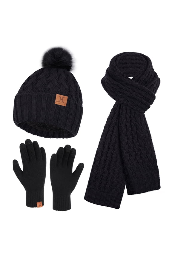 FZ FANTASTIC ZONE Womens Winter Hat Long Scarf Touch Screen Gloves Set Warm Beanie Hats Neck Warmer Knit Caps with Pom Fleece Lined Gifts for Women