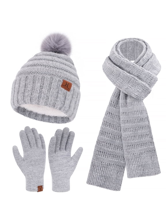 FZ FANTASTIC ZONE Womens Winter Hats Scarf Gloves Set, Warm Fleece Lined Beanie with Pom Poms Long Scarves Touchscreen Gloves for Women Cold Weather Gifts