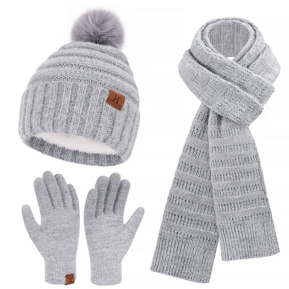 FZ FANTASTIC ZONE Womens Winter Hats Scarf Gloves Set, Warm Fleece Lined Beanie with Pom Poms Long Scarves Touchscreen Gloves for Women Cold Weather Gifts