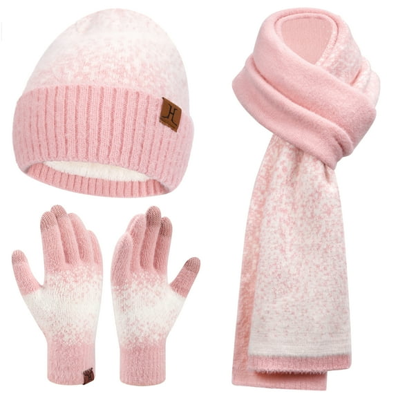 FZ FANTASTIC ZONE Womens Winter Knit Beanie Hats and Touchscreen Gloves Long Scarf Set with Warm Fleece Lined Skull Caps Gloves Scarves for Women