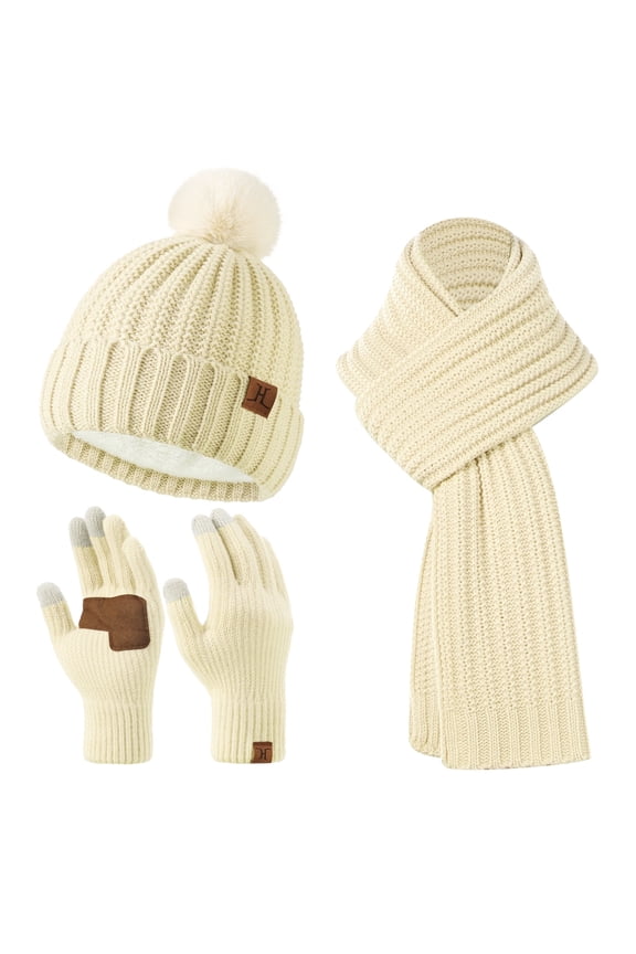 FZ FANTASTIC ZONE Womens Winter Warm Beanie Hat Long Neck Scarf Touchscreen Gloves Set Knit Skull Caps Pompom with Fleece Lined Gifts for Women, Beige