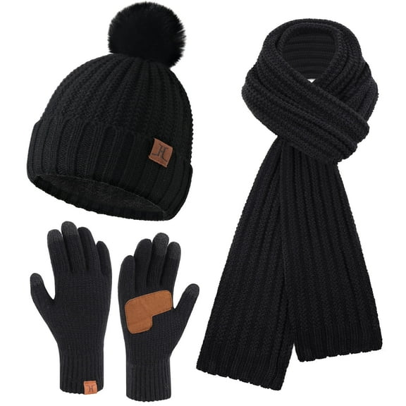 FZ FANTASTIC ZONE Womens Winter Warm Beanie Hat Long Neck Scarf Touchscreen Gloves Set Knit Skull Caps Pompom with Fleece Lined Gifts for Women, Black