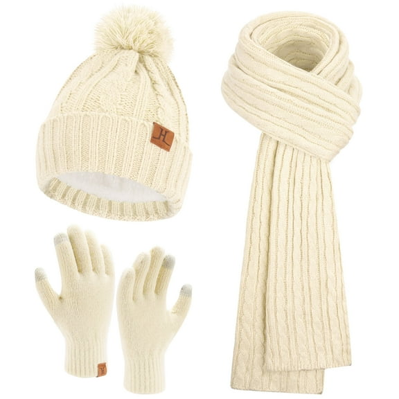 FZ FANTASTIC ZONE Womens Winter Warm Beanie Hat Touchscreen Gloves Long Scarf Set Ribbed Cable Knit with Fleece Lined Skull Pom Caps, Apricot