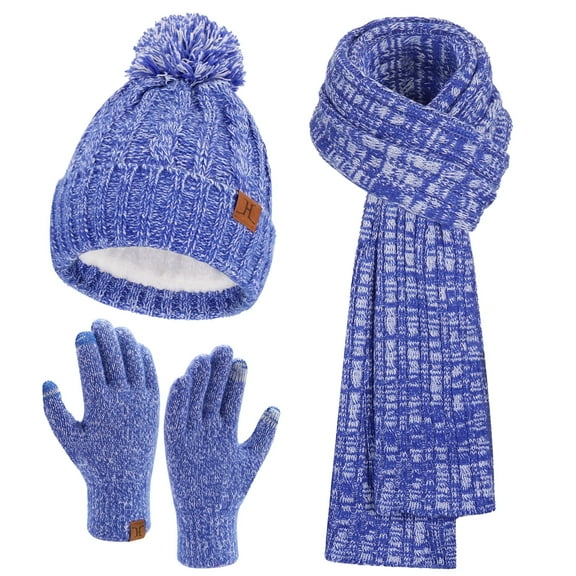 FZ FANTASTIC ZONE Womens Winter Warm Beanie Hat Touchscreen Gloves Long Scarf Set Ribbed Cable Knit with Fleece Lined Skull Pom Caps, Bluewhite