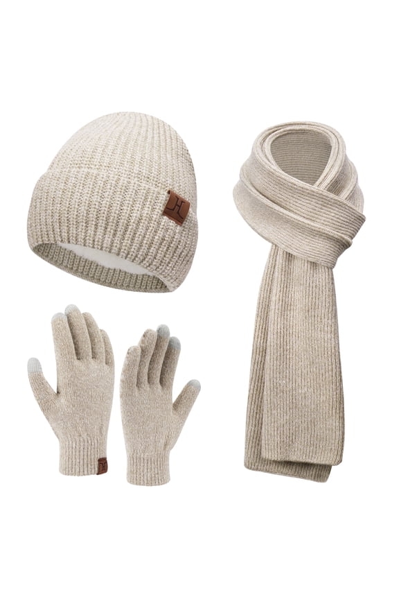 FZ FANTASTIC ZONE Womens Winter Warm Beanie Hats Long Scarf Touchscreen Gloves Set Knit Neck Scarves Skull Caps with Fleece Gifts for Womem Beigewhite