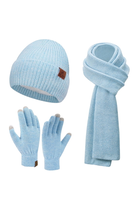 FZ FANTASTIC ZONE Womens Winter Warm Beanie Hats Long Scarf Touchscreen Gloves Set Knit Neck Scarves Skull Caps with Fleece Gifts for Women Bluewhite