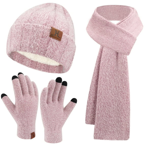 FZ FANTASTIC ZONE Womens Winter Warm Knit Beanie Hat Touchscreen Gloves Long Scarf Set with Fleece Lined Skull Caps Neck Scarves for Women Men,Pinkpurple