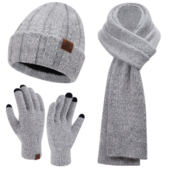 FZ FANTASTIC ZONE Womens Winter Warm Knit Beanie Hat Touchscreen Gloves Long Scarf Set with Fleece Lined Skull Caps Neck Scarves for Women Men,Grey