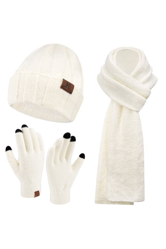 FZ FANTASTIC ZONE Womens Winter Warm Knit Beanie Hat Touchscreen Gloves Long Scarf Set with Fleece Lined Skull Caps Neck Scarves for Women Men,White