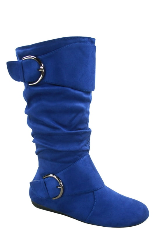Women's Boots Comfort Zipper Buckle Slouch Mid Calf, Flat Heel, Round Toe, Royal Blue, 8.5