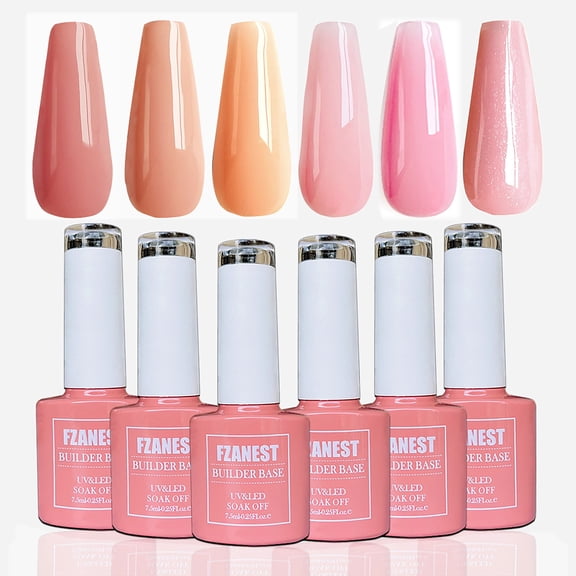 FZANEST Rubber Base Gel For Nails Kit,Base Color Gel Nail Polish Milky Pink Sheer Nude Nature Gel In a Bottle Set, Extension Gel Polish 7.5ml*6