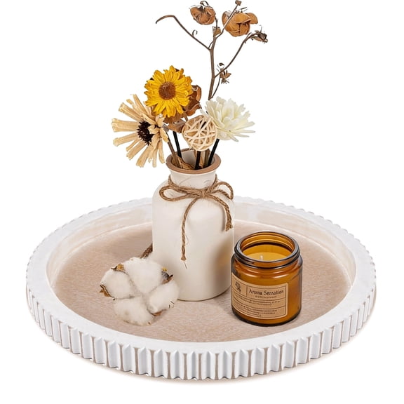 FZBCTLDZ 12” Round Farmhouse Decorative Tray for Coffee Table, White Distressed Wood Tray with Textured Edge, Rustic Centerpiece Tray for Living Room, Kitchen, Entryway & Vanity