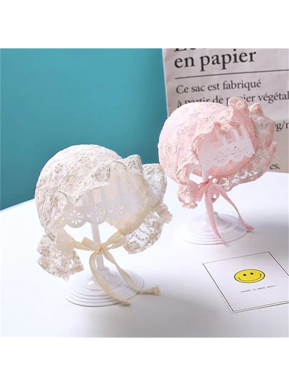 1 Pieces Baby Girl Lacy Bonnet Eyelet Lace Christening Bonnet Cap Toddlers Beanie Breathable Sun Protection Hat, 3-18 Months