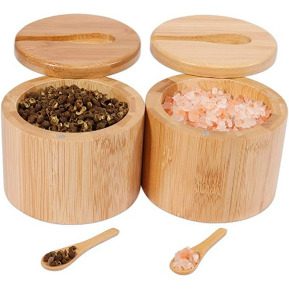 FZFLZDH 1Pcs Bamboo Salt and Pepper Box, Wooden Salt Box with Swivel Lid Bamboo Salt Bowl Salt Cellar Salt Holder Salt Pinch Bowl Salt Dish, Spice Cellar for Counter to Keep Seasoning Fresh